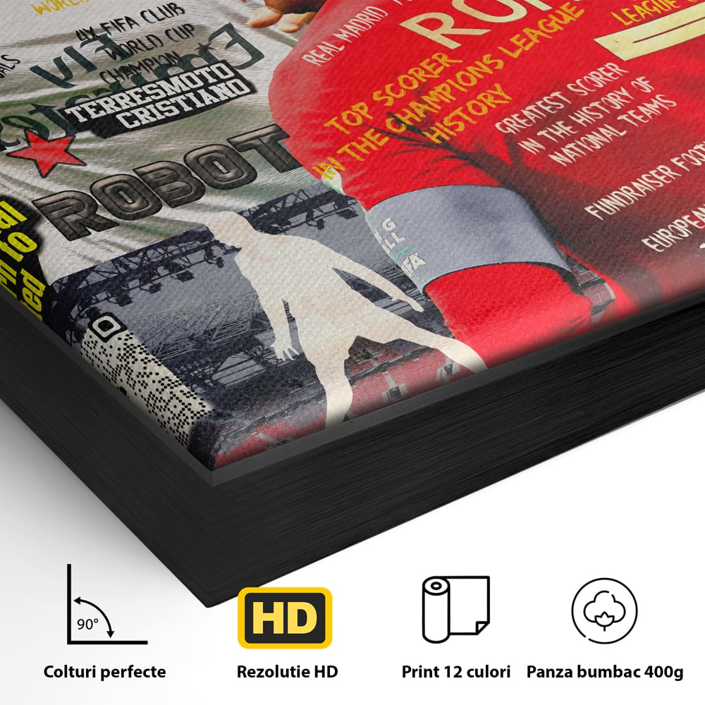 Detaliu al suprafetei: tablou canvas cu cristiano ronaldo, in rama de aluminiu negru
